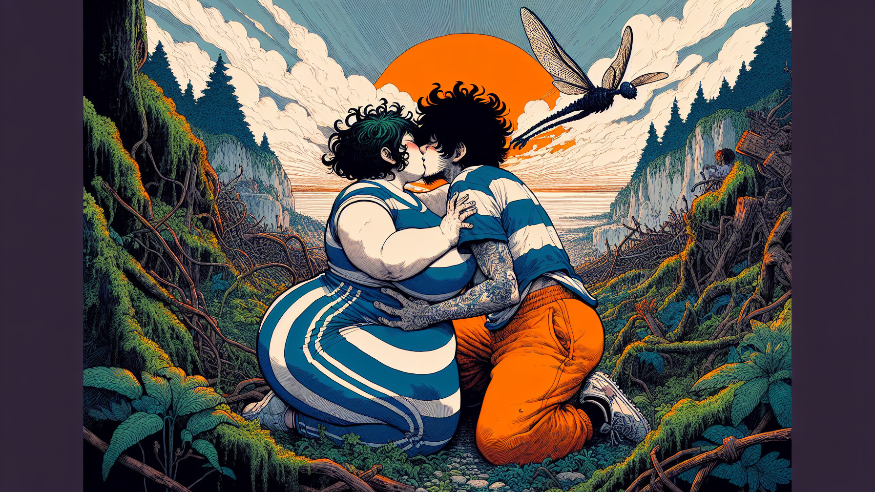 Couple Kissing in Lush Landscape at Sunset