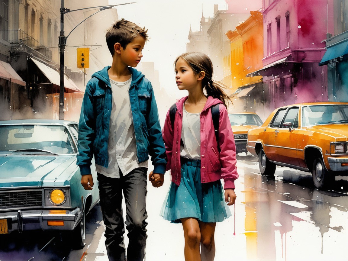 Children Walking in Colorful Vintage Street Scene