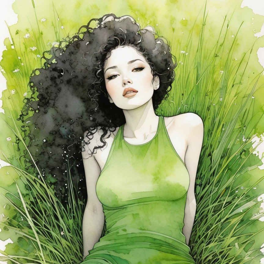Woman with Curly Hair Reclining in Green Grass