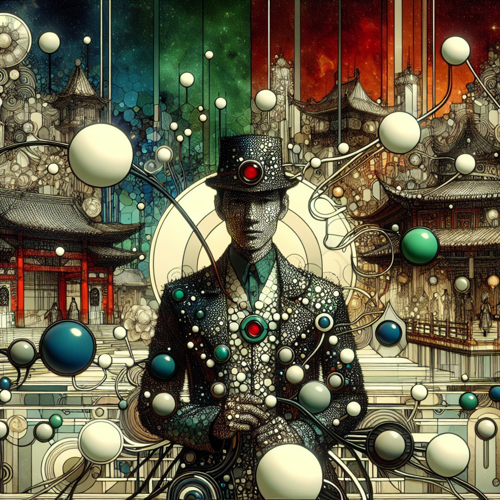 Stylized figure in top hat with vibrant patterns and orbs