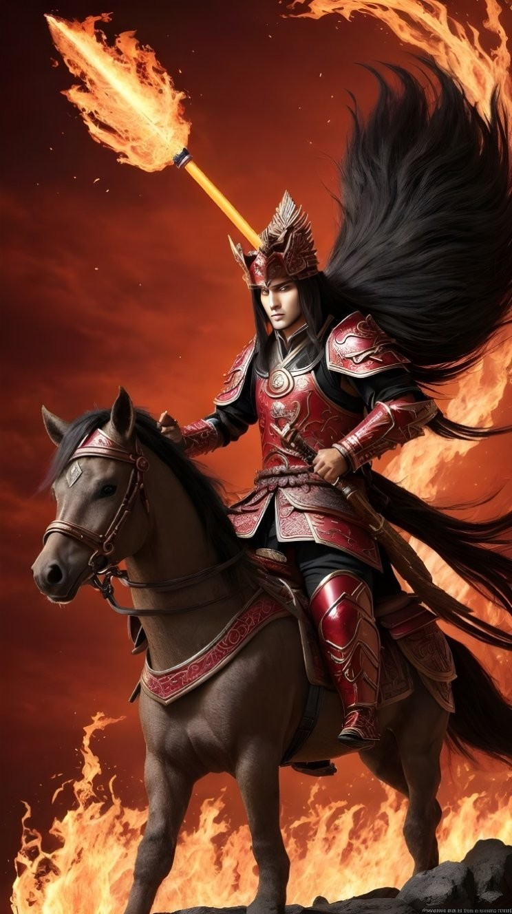 Fierce warrior in red armor on a horse amidst flames