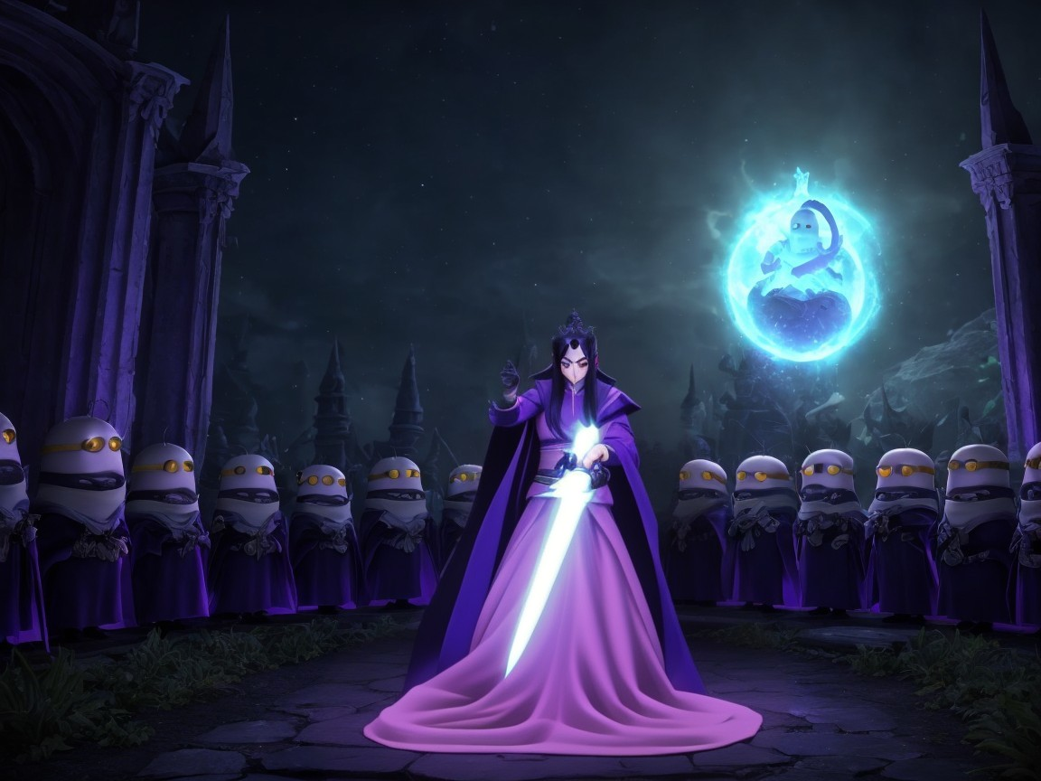 Mystical Scene with Hooded Figures and Shimmering Sword