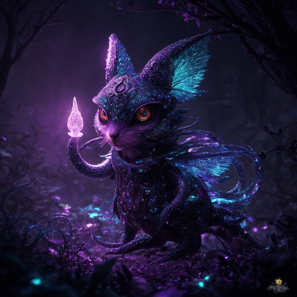 Mystical Cat-like Creature in Enchanted Forest Scene