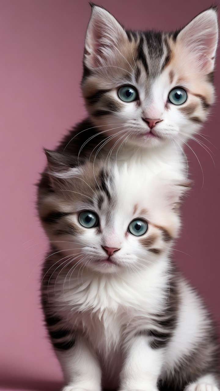 Fluffy Kittens with Blue Eyes on Pink Backdrop