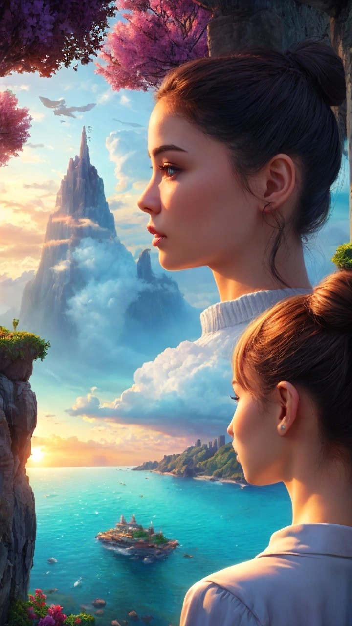 Serene Dual Profile of Woman in Fantasy Landscape