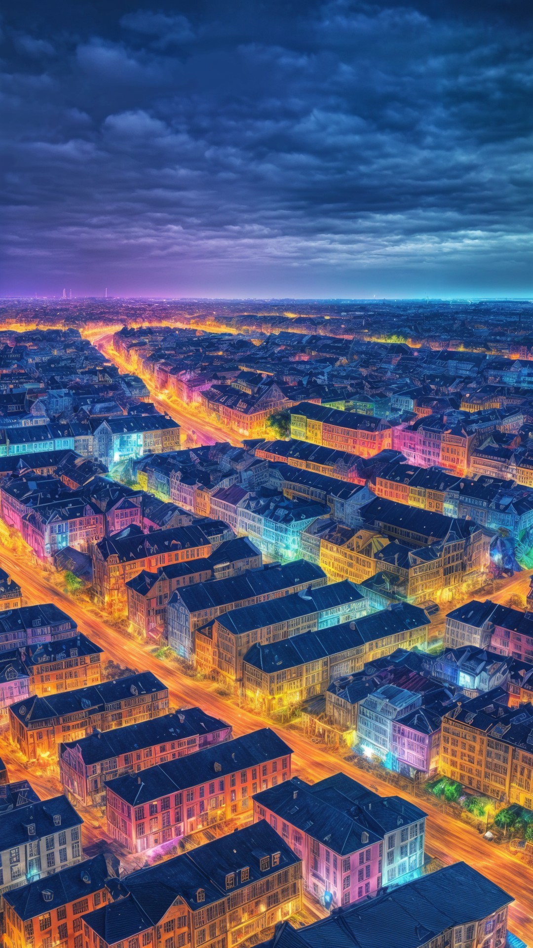 Vibrant Urban Nightscape with Colorful Illuminations