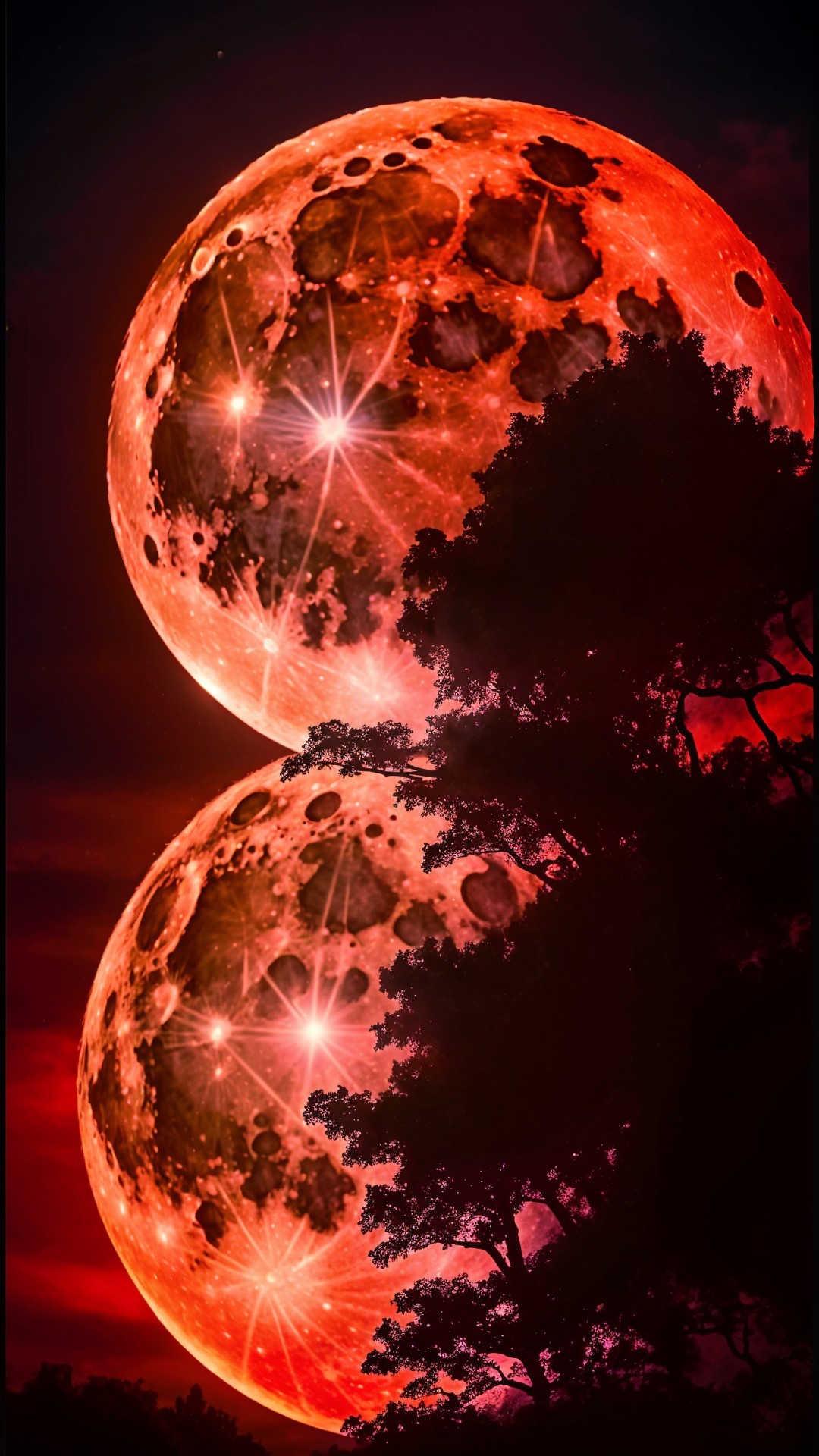Surreal Scene with Luminous Moons and Stars