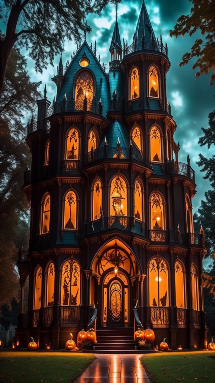 Gothic Mansion with Twilight Atmosphere and Pumpkins