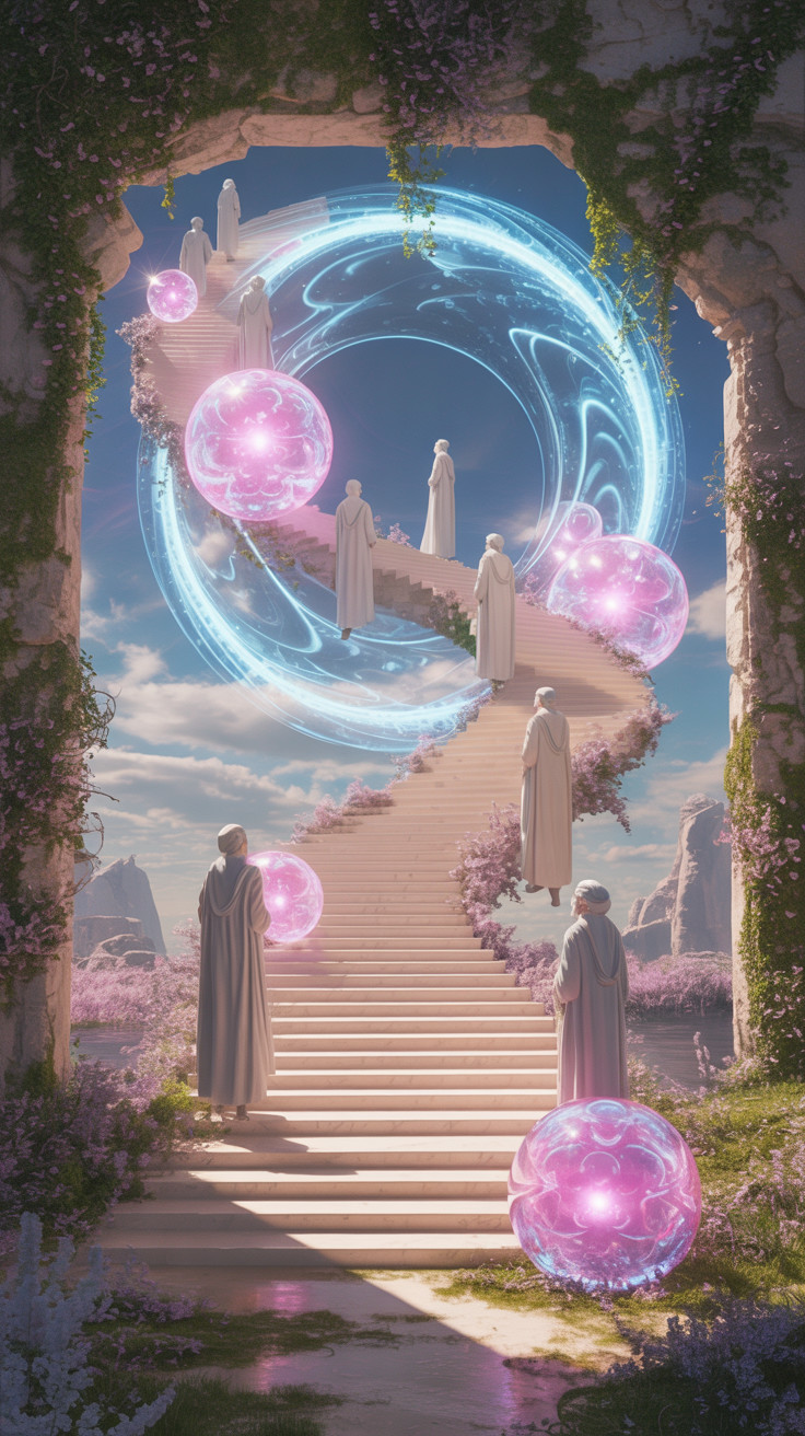 Serene landscape with grand staircase and luminous portal