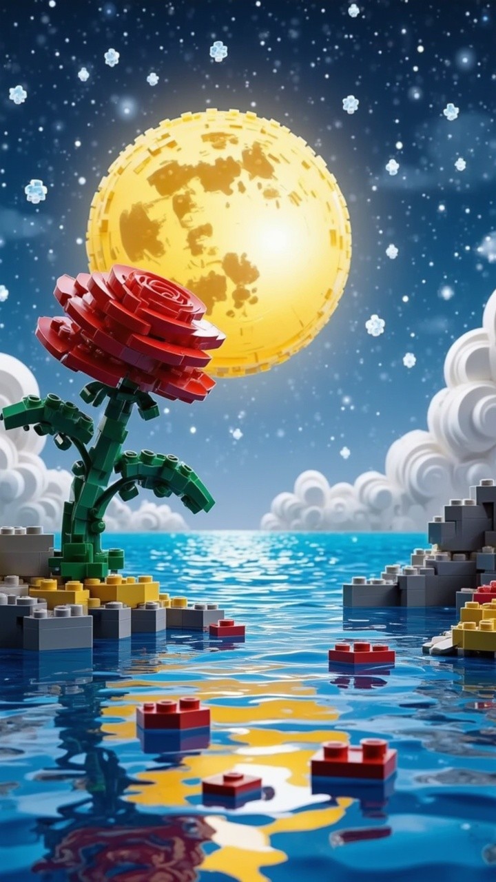 Colorful LEGO Flower on Island Under Moonlit Sky