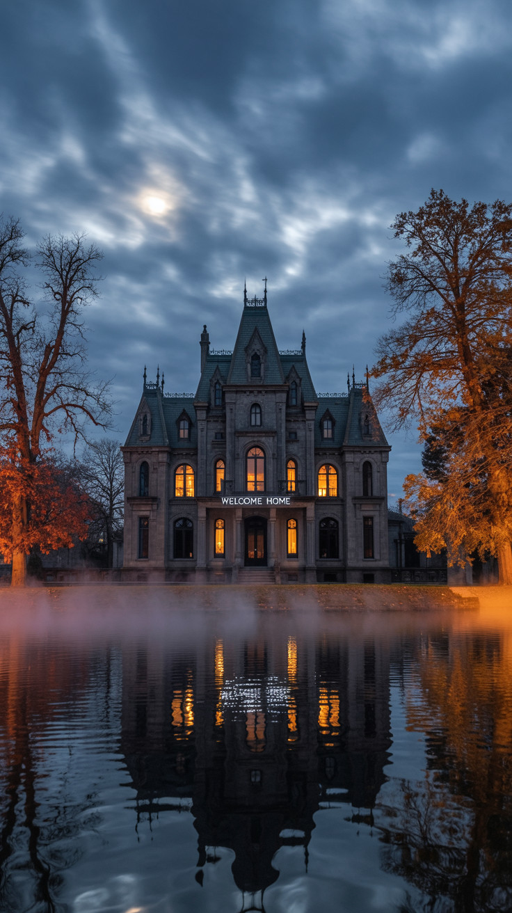 Gothic Mansion Surrounded by Misty Waters and Trees