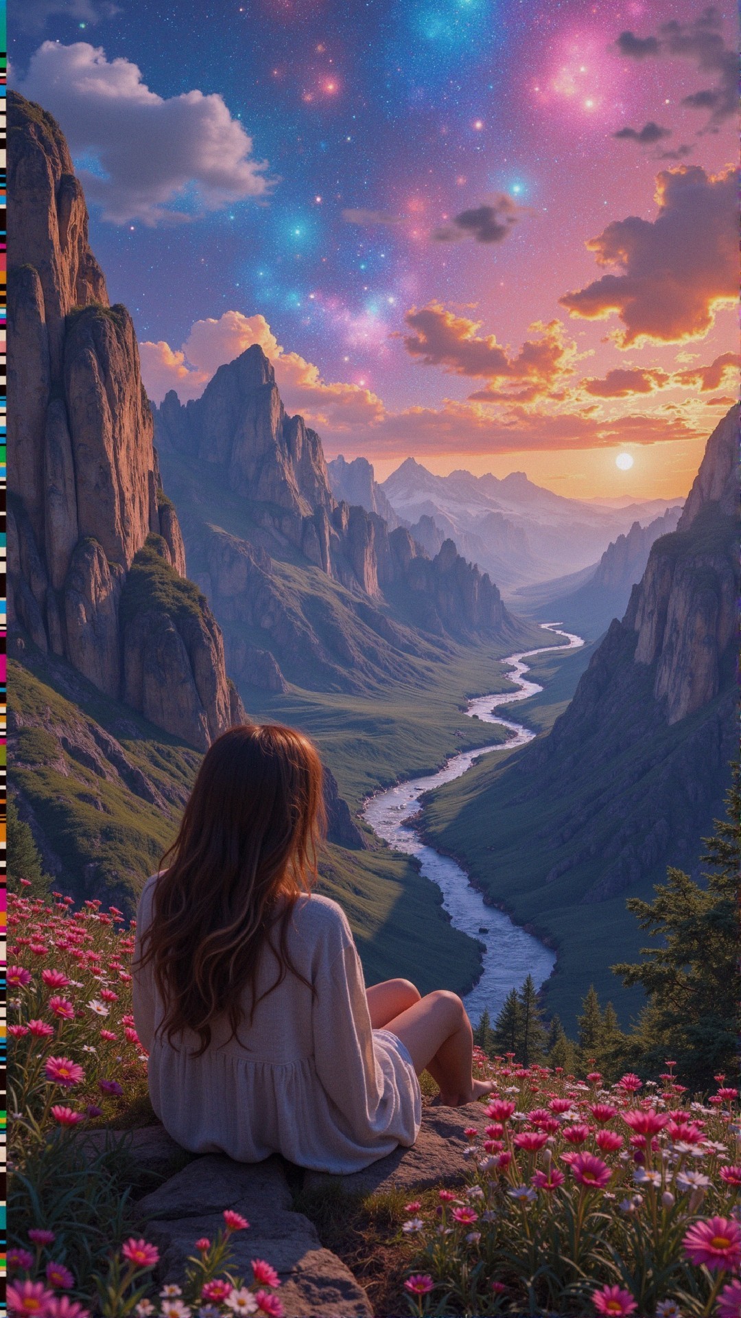 Serene Landscape with Woman at Sunset Over Valley