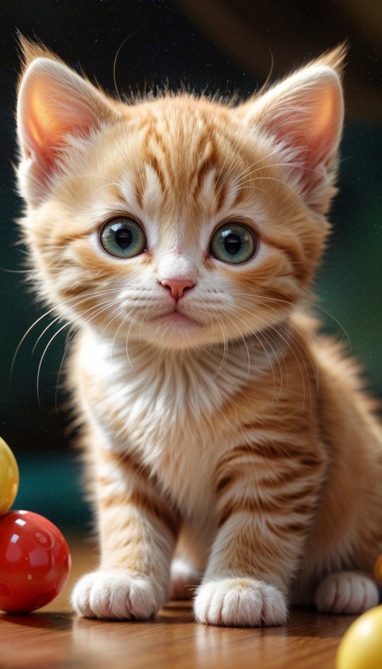 Fluffy Orange Tabby Kitten Among Colorful Balls