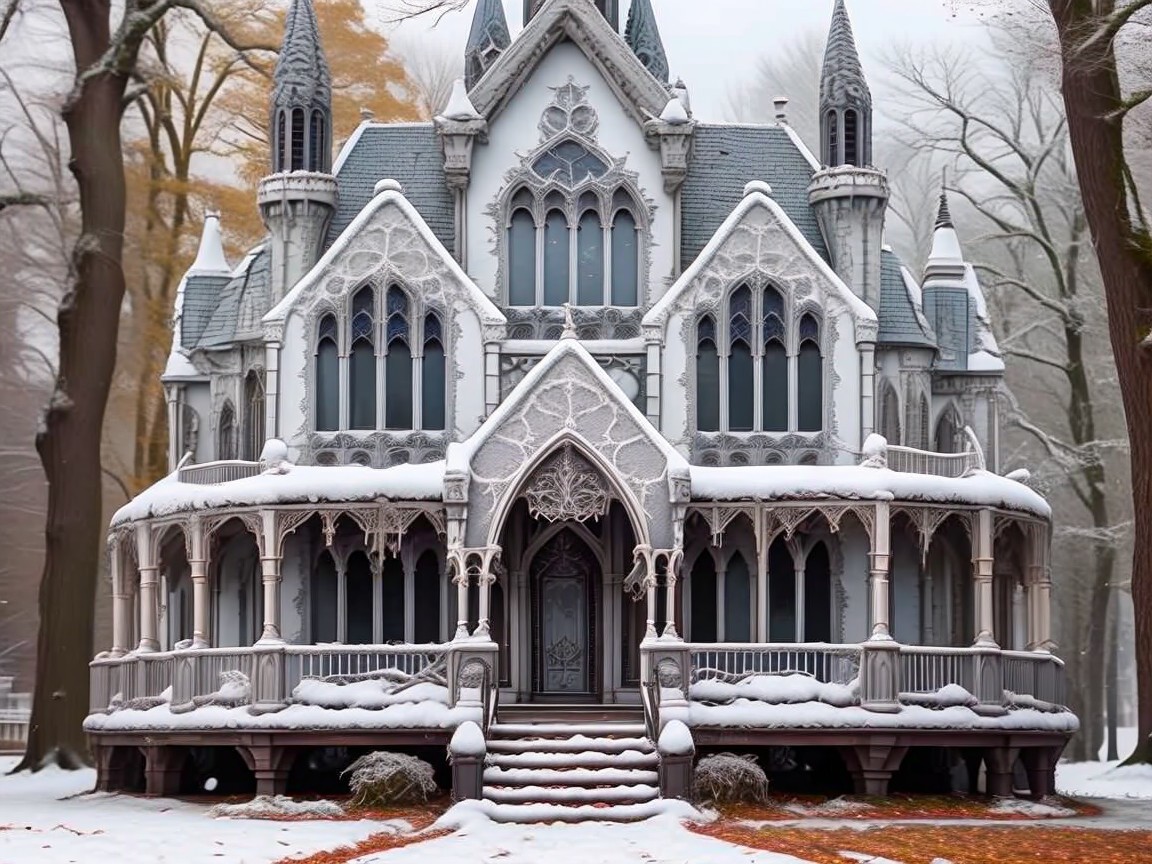 Victorian Mansion in Snowy Winter Landscape