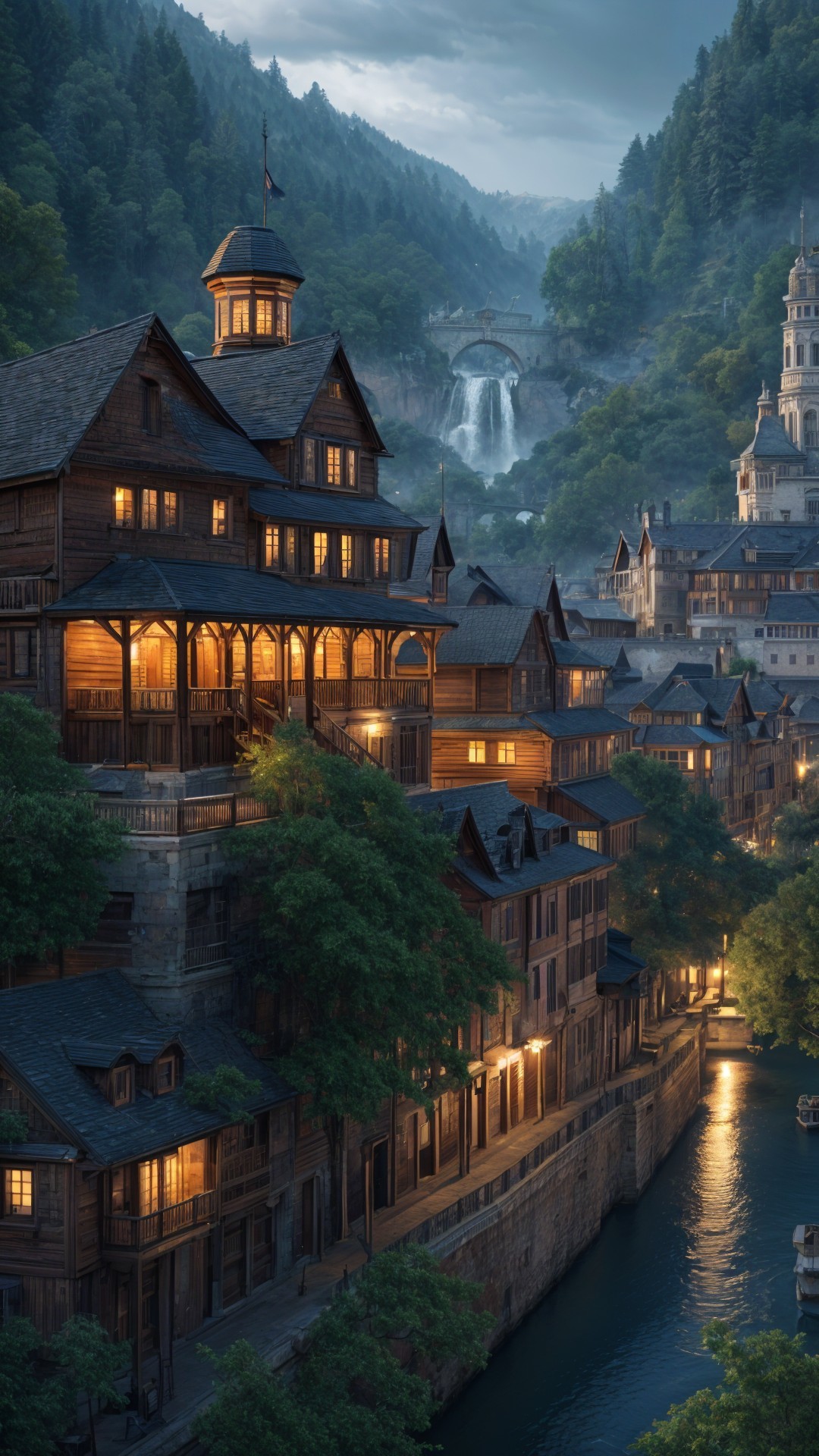 Picturesque Village in Lush Valley with Waterfall