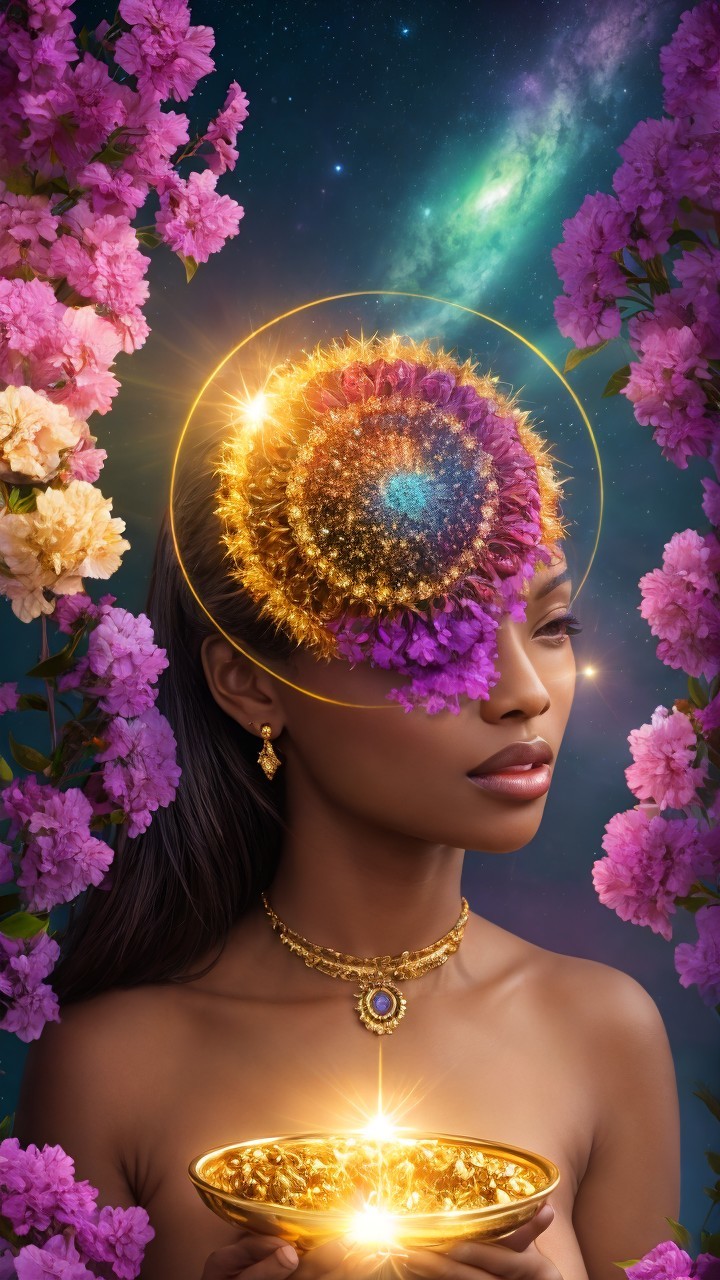 Woman Amidst Pink Flowers with Cosmic Crown Design