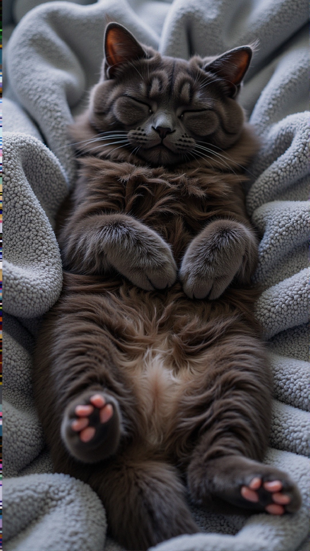 Fluffy gray cat resting on a cozy blanket