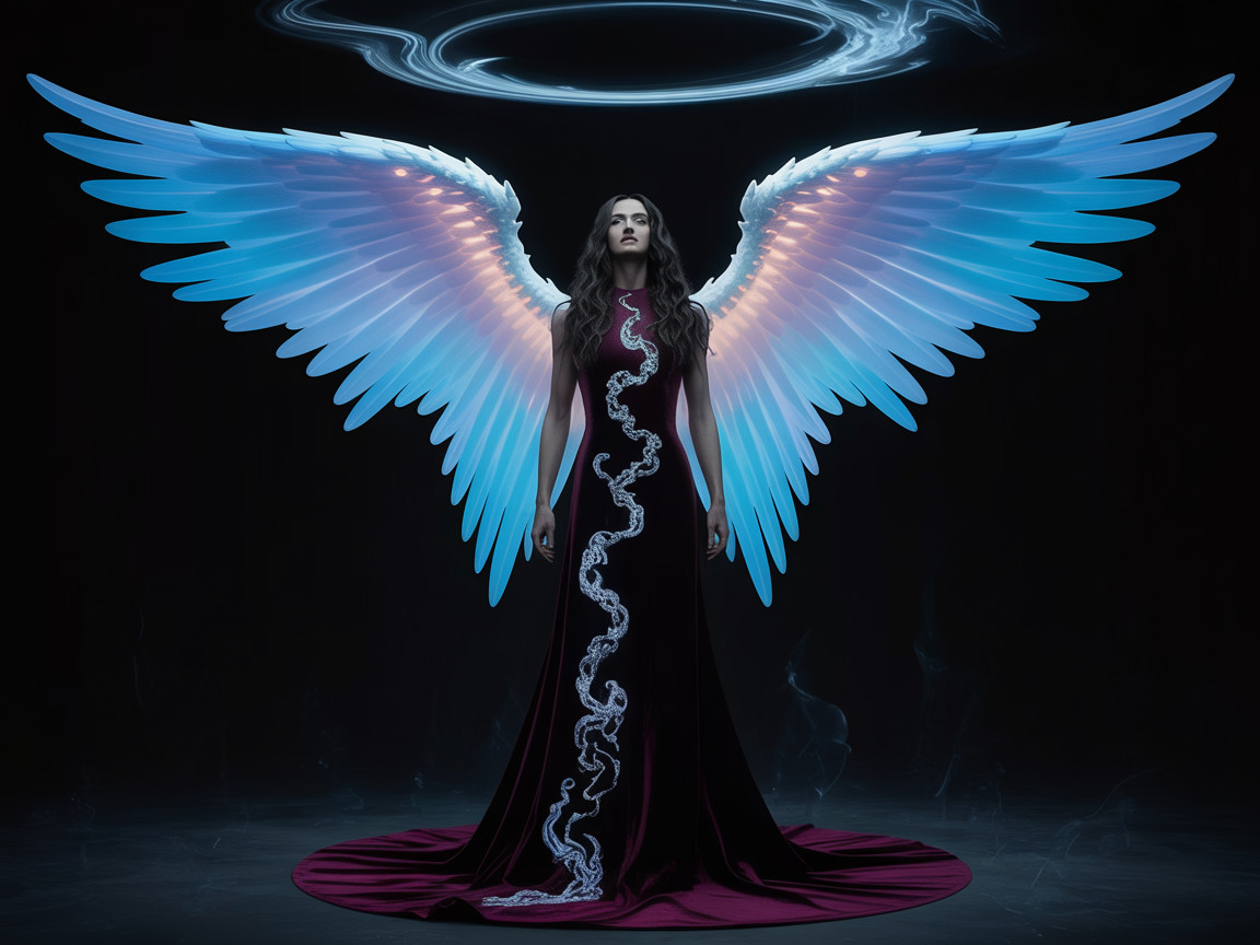 Majestic figure with blue wings and burgundy gown