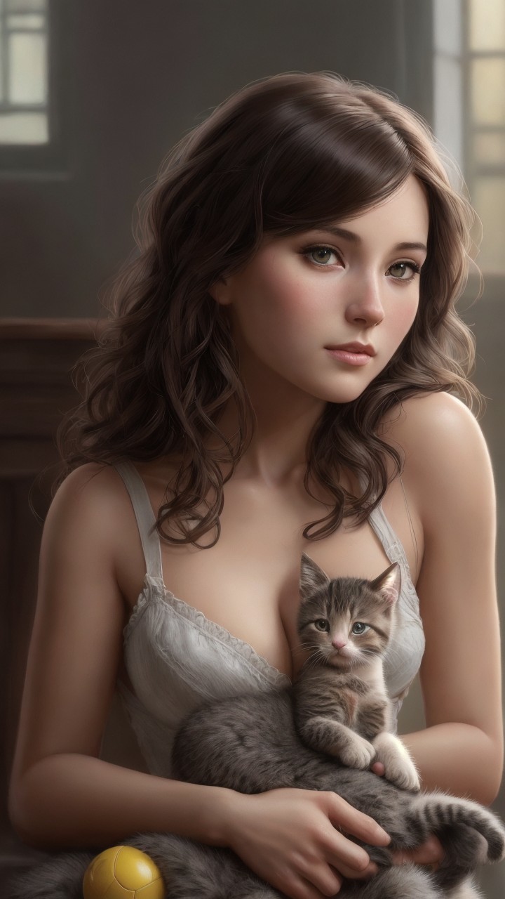 Young woman with kitten in warm indoor setting