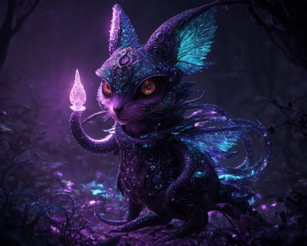 Mystical Cat-like Creature in Enchanted Forest Scene