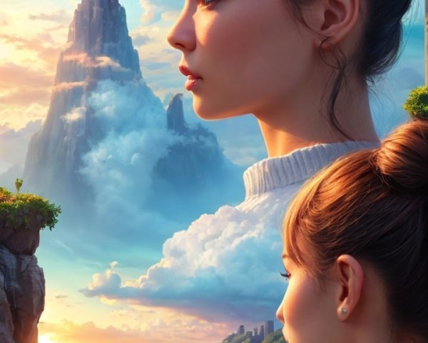 Serene Dual Profile of Woman in Fantasy Landscape