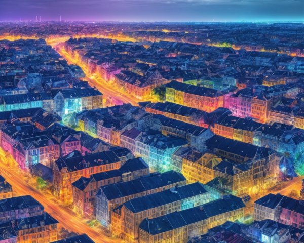 Vibrant Urban Nightscape with Colorful Illuminations