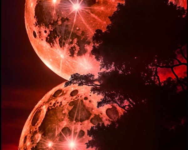 Surreal Scene with Luminous Moons and Stars