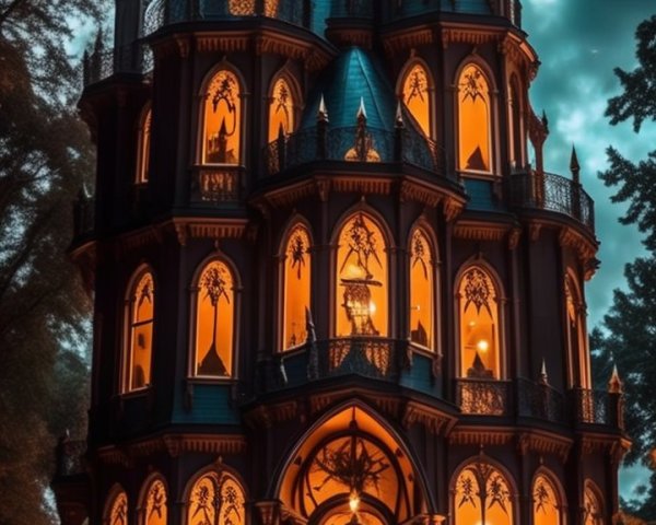 Gothic Mansion with Twilight Atmosphere and Pumpkins