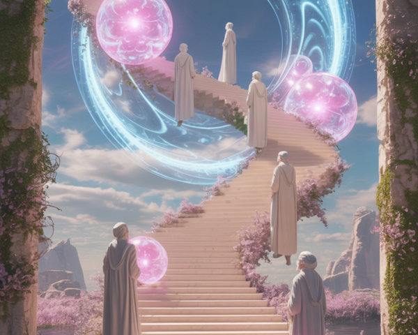 Serene landscape with grand staircase and luminous portal