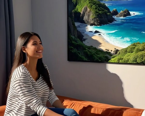 Young Woman on Couch with Beach Landscape Painting