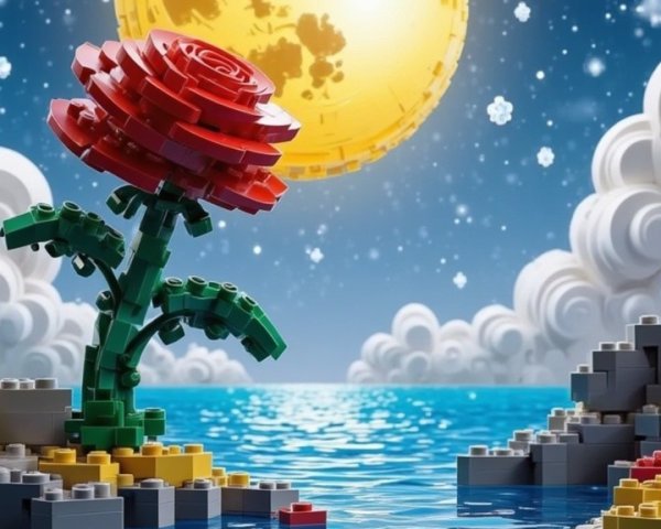 Colorful LEGO Flower on Island Under Moonlit Sky
