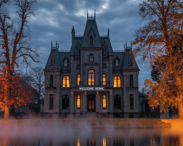 Gothic Mansion Surrounded by Misty Waters and Trees