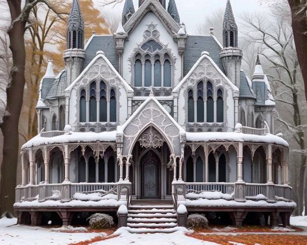 Victorian Mansion in Snowy Winter Landscape