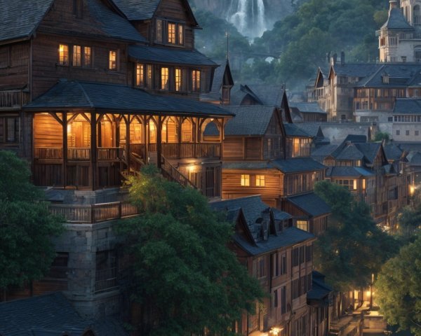 Picturesque Village in Lush Valley with Waterfall