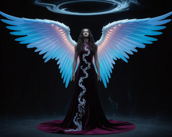 Majestic figure with blue wings and burgundy gown