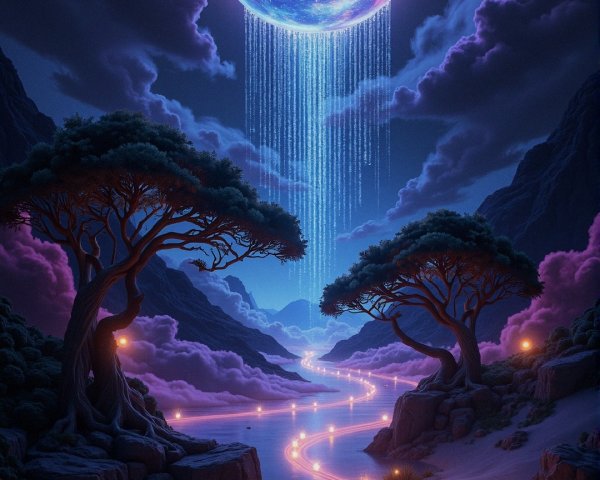 Surreal Landscape with Vibrant Moon and Waterfalls