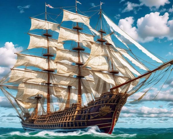 Tall Ship Sailing in Vibrant Blue Waters Under Clouds