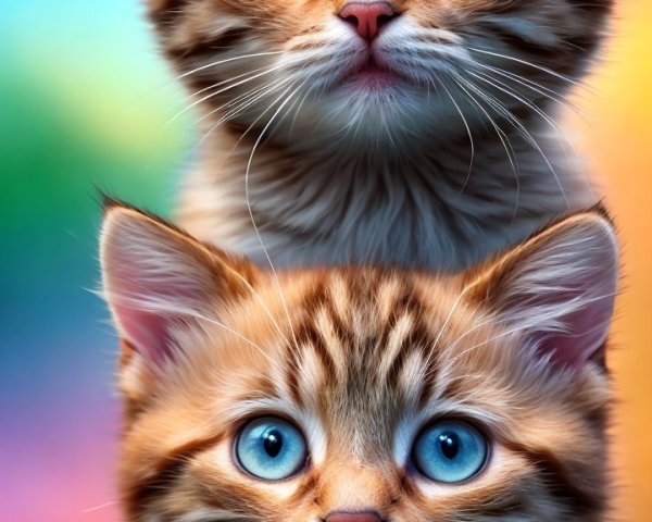 Fluffy Kittens with Blue Eyes on Wooden Perch
