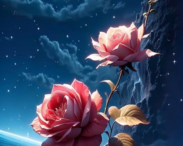 Cosmic Scene with Roses, Moon, and Stars