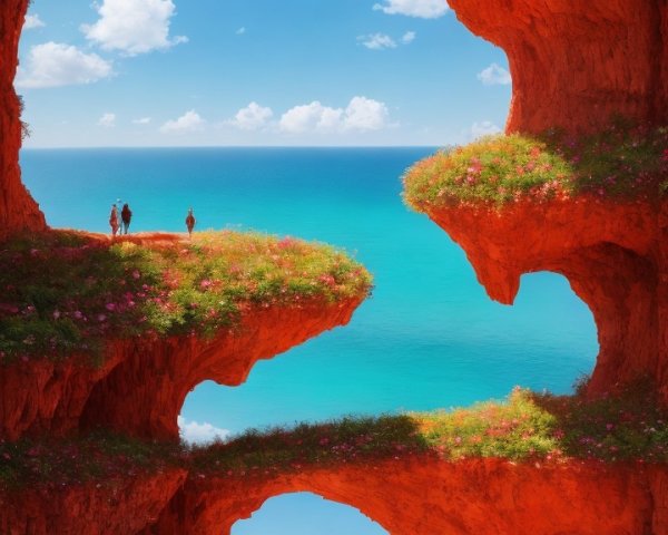 Coastal Landscape with Red Rocks and Couples by Ocean
