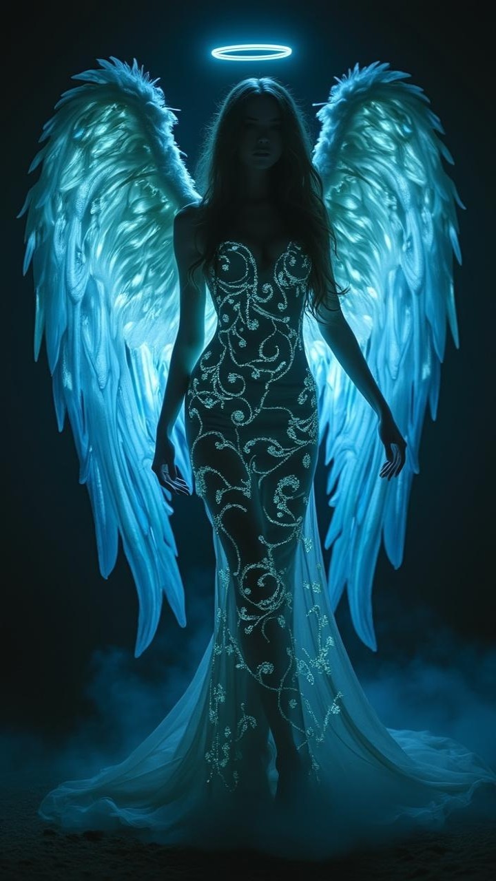 Ethereal Figure with Illuminated Wings and Halo