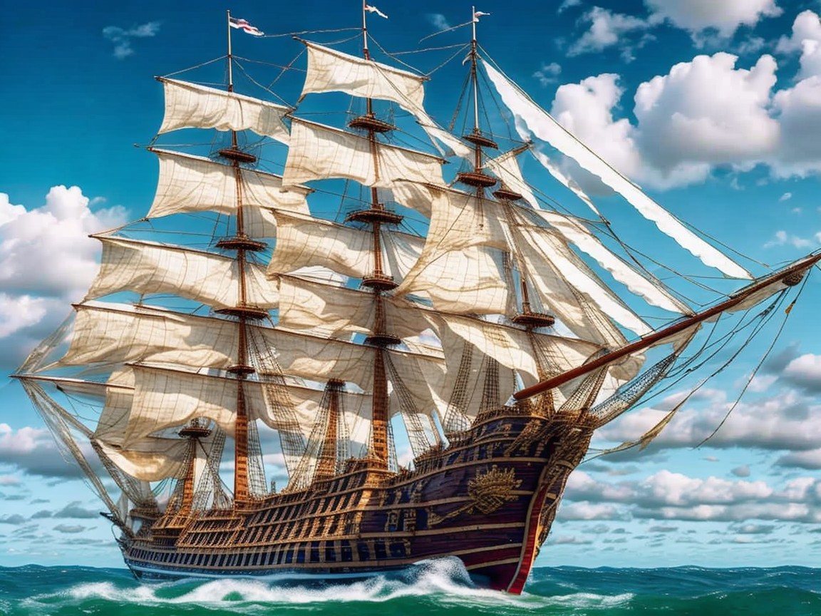 Tall Ship Sailing in Vibrant Blue Waters Under Clouds