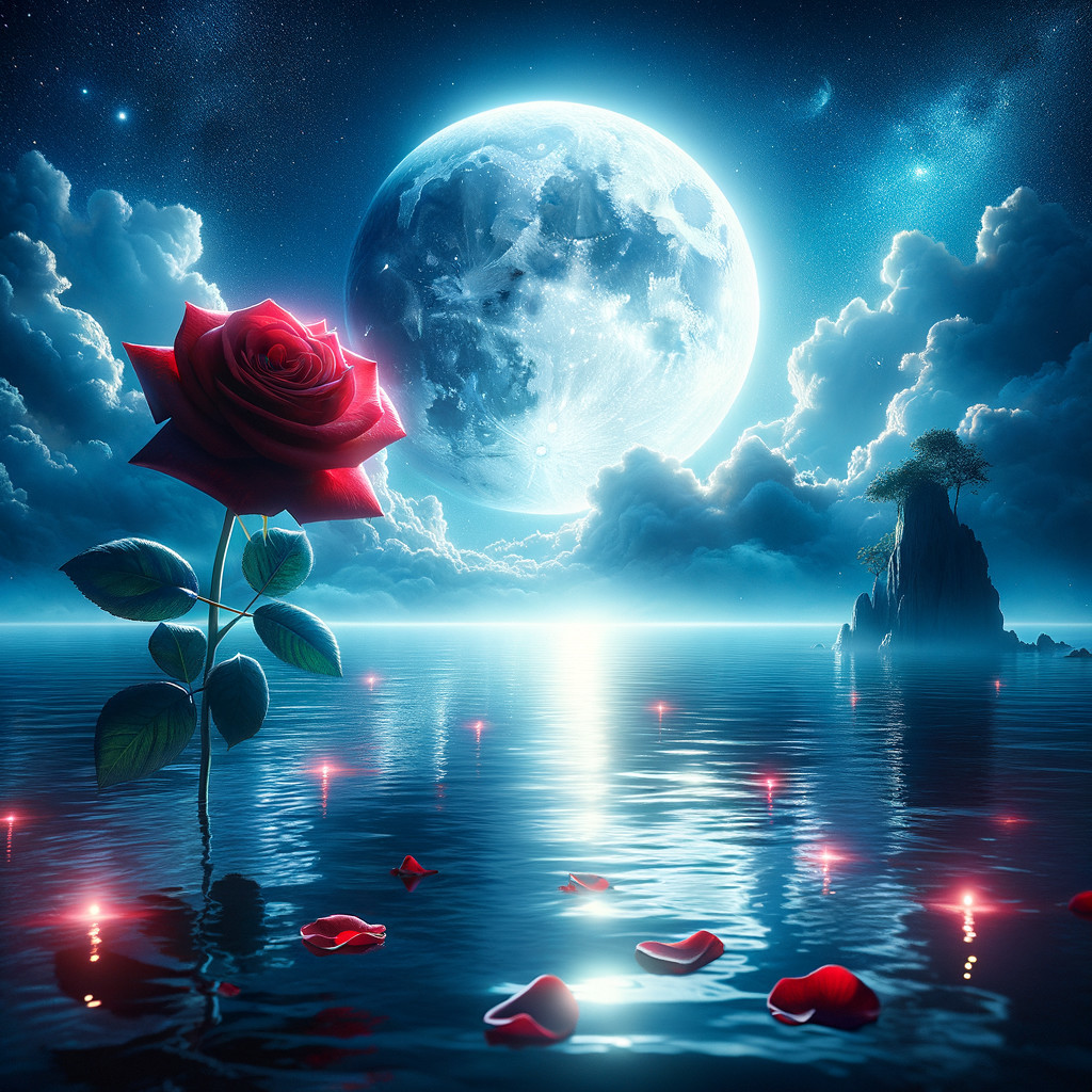 Red Rose Above Calm Waters Under Full Moonlight
