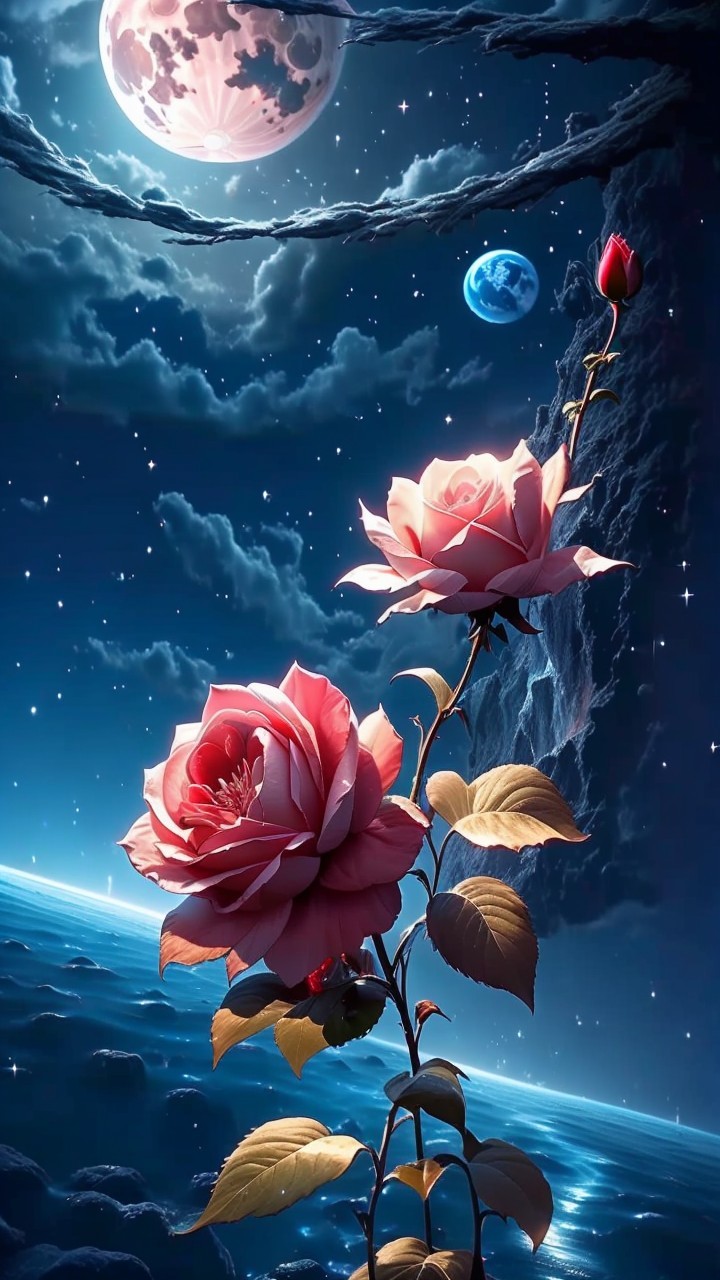 Cosmic Scene with Roses, Moon, and Stars