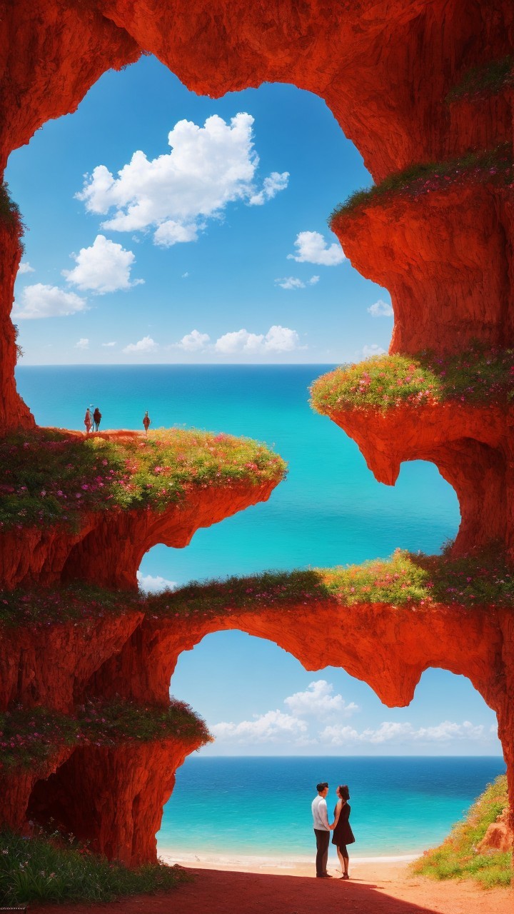 Coastal Landscape with Red Rocks and Couples by Ocean