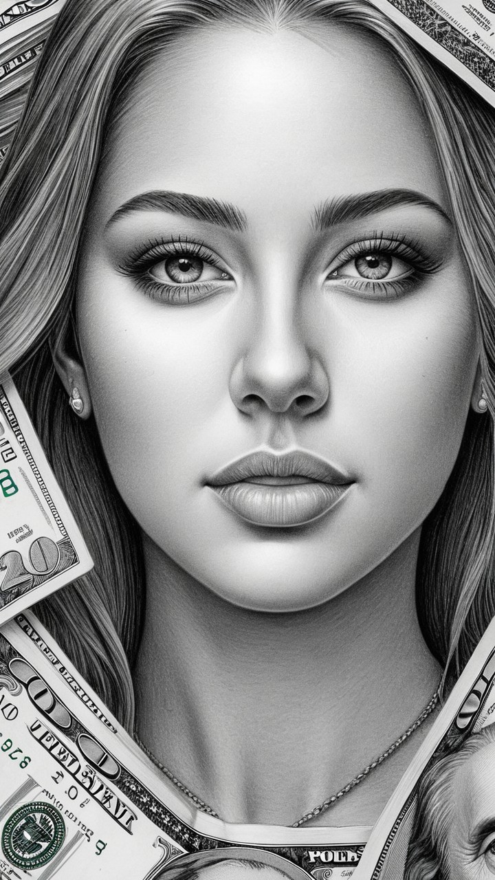 Black-and-white portrait of a woman with dollar bills
