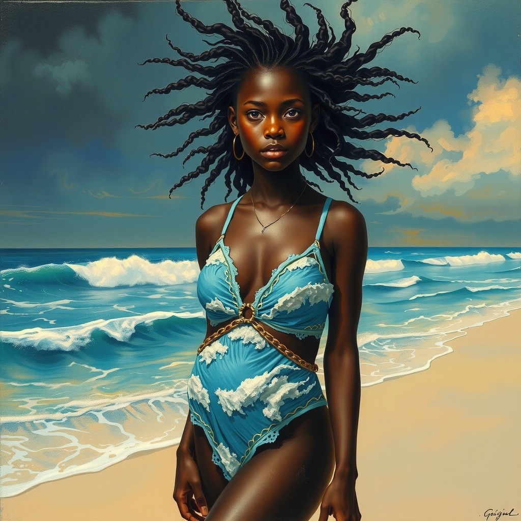 Portrait of a Young Woman in a Blue Bikini by the Shore