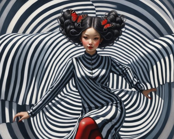 Figure in Striped Dress Surrounded by Black-and-White Spiral