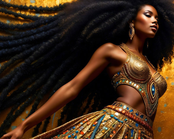 Opulent gold ensemble with intricate patterns and gemstones