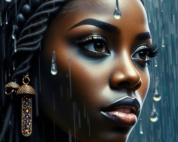Close-up Portrait of a Young Black Woman in Rain